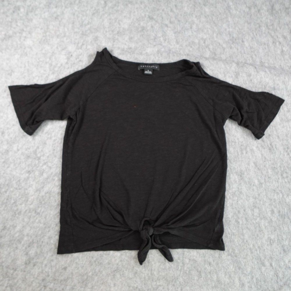 Sanctuary Top Women Small Black Cold Shoulder Front Tie Short Sleeve Blouse